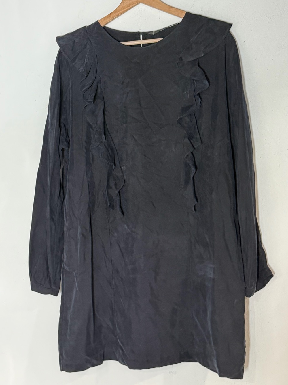 Zara Faux Silk Suede Cupro Long Sleeve Ruffle-Trim Shift Black Mini Dress Size L